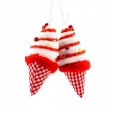 Decoratiune brad in forma de corn cu inghetata, culoare alb cu rosu, dimensiune: 7x7x17cm, 2 buc/ set, MI-502